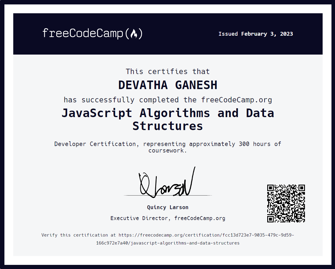 devatha_ganesh's tweet image. I earned the Legacy JavaScript Algorithms and Data Structures certification TQ @freeCodeCamp! Check it out here:freecodecamp.org/certification/… #javasc Hi... am happy to say you. 😃 #JavaScript hashtag #Algorithms hashtag #DataStructureshashtag #FreeCodeCamp hashtag #WebDevelopment."