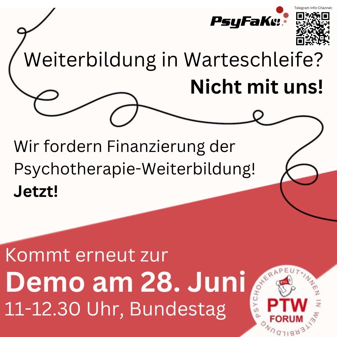 Anlässlich der 1. Lesung des #GVSG möchten wir mit einer Kundgebung des @PtWForum diesen Freitag um 11 Uhr am Bundestag erneut auf die fehlende Finanzierung der #Psychotherapie-Weiterbildung aufmerksam machen. Kommt alle und seid mit uns laut, denn #PsychotherapieIstUnersetzlich