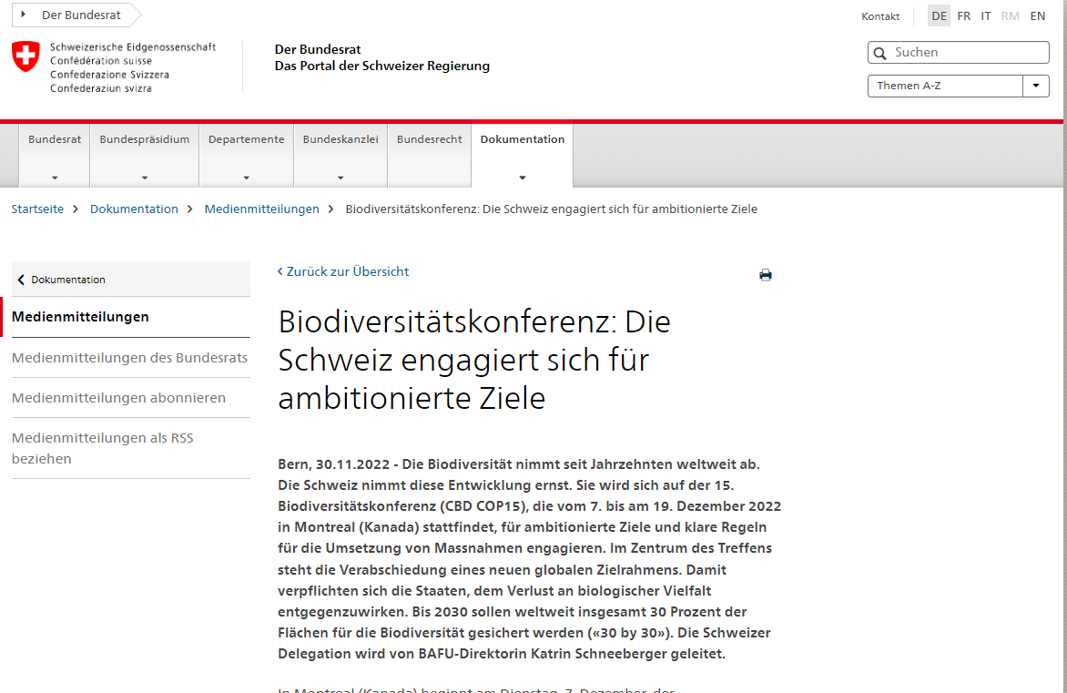 <a href="/sbv/">Schweizer Bauernverband</a> <a href="/biodivInit/">Biodiversitätsinitiative</a> Auch beim zweiten Mal behaupten wird es nicht besser: auch nicht die Initianten fordern diese Zahl - der Bund selber hat sich diese Ziele gesetzt! Biodiversitätskonferenz: Die Schweiz engagiert sich für ambitionierte Ziele (admin.ch)