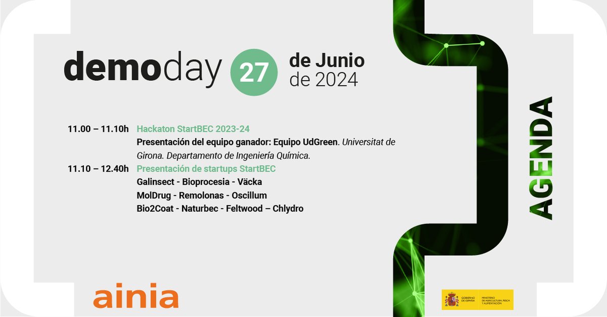 ainia (@ainiatecnologia) on Twitter photo El jueves en el Demo Day StartBEC haremos una presentación del equipo ganador del Hackaton StartBEC 2023-24: Equipo UdGreen (<a href="/univgirona/">Universitat de Girona</a>) y de las startups StartBEC.
<a href="/galinsect/">Galinsect</a> <a href="/bioprocesia/">BioProcesia</a> <a href="/VackaBarcelona/">Väcka</a> <a href="/ProtoQSAR/">ProtoQSAR - MolDrug</a> #Remolonas <a href="/OscillumBiotech/">Oscillum</a> <a href="/Bio2C/">Bio2Coat</a> <a href="/naturbec/">Naturbec</a> #Feltwood #Chyldro El jueves en el Demo Day StartBEC haremos una presentación del equipo ganador del Hackaton StartBEC 2023-24: Equipo UdGreen (<a href="/univgirona/">Universitat de Girona</a>) y de las startups StartBEC.
<a href="/galinsect/">Galinsect</a> <a href="/bioprocesia/">BioProcesia</a> <a href="/VackaBarcelona/">Väcka</a> <a href="/ProtoQSAR/">ProtoQSAR - MolDrug</a> #Remolonas <a href="/OscillumBiotech/">Oscillum</a> <a href="/Bio2C/">Bio2Coat</a> <a href="/naturbec/">Naturbec</a> #Feltwood #Chyldro