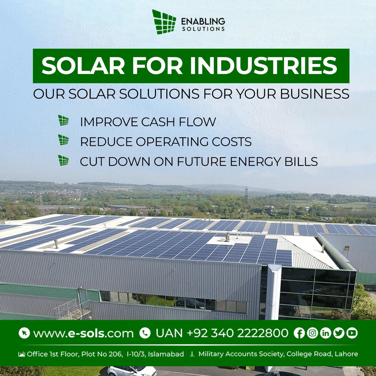 Boost your business with our industrial solar solutions! Enabling Solutions offers solar systems that improve cash flow, reduce operating costs, and cut down future energy bills. 

#SolarForIndustries #ReduceCosts #SustainableBusiness #EnablingSolutions #GreenEnergy
