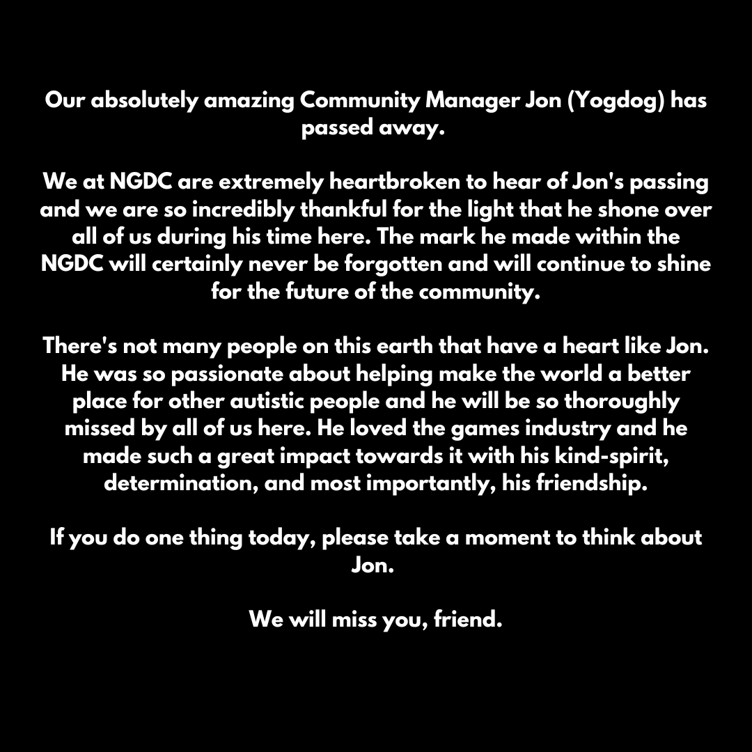 theNGDC's tweet photo. A statement about our friend, Jonathan (Yogdog) Brown 💖 https://t.co/1B4w4Ts6YK