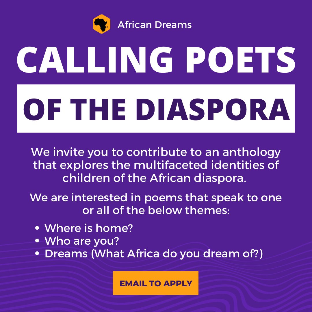 Emmanuel Johnson (@mannyjayking) on Twitter photo Contribute to #AfricanDreams, an anthology exploring varied African & Black identities. Themes:
🖤 Where is home?
🖤 Who are you?
🖤 Dreams (What Africa do you dream of?)
Submit poem(s), name, bio & contact info by 24 Sept 2024 to africandreamsbook@gmail.com.
#Anthology #Poetry Contribute to #AfricanDreams, an anthology exploring varied African & Black identities. Themes:
🖤 Where is home?
🖤 Who are you?
🖤 Dreams (What Africa do you dream of?)
Submit poem(s), name, bio & contact info by 24 Sept 2024 to africandreamsbook@gmail.com.
#Anthology #Poetry