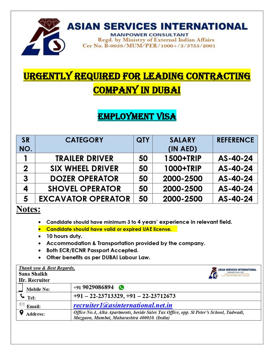 AsianServices3's tweet photo. Job Opportunity in #dubai
Interested candidates can send their updated cv at recruiter1@asinternational.net.in or can directly contact on 090290 86894
#dubai #hiringnow #dubaijobs #dubaihiring #trailerdriver #sixwheeldriver #DozerOperator #shoveloperator #excavatoroperator https://t.co/SaXPI41nHK