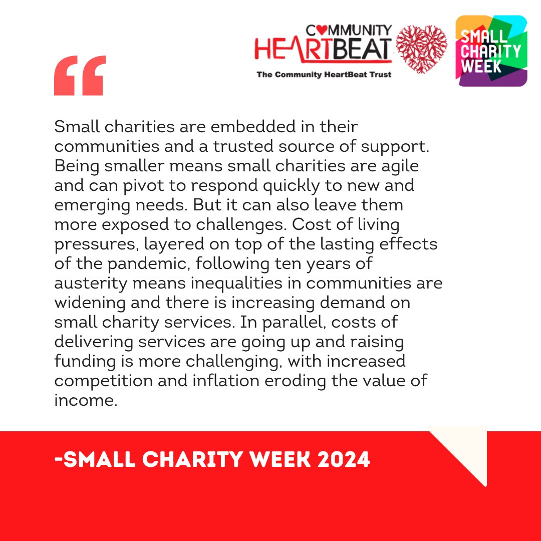 This week is #SmallCharityWeek! ❤️
A staggering 96% of all UK charities fall into the small charity category, including us!
Here's how you can support The Community Heartbeat Trust...
