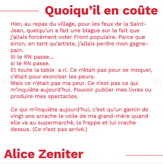 BorisBastide's tweet photo. Texte très fort de l'écrivaine Alice Zeniter sur Instagram en rapport avec les législatives à venir, le Nouveau front populaire et le RN https://t.co/BYl2jDsO7m https://t.co/09pcytXgEr