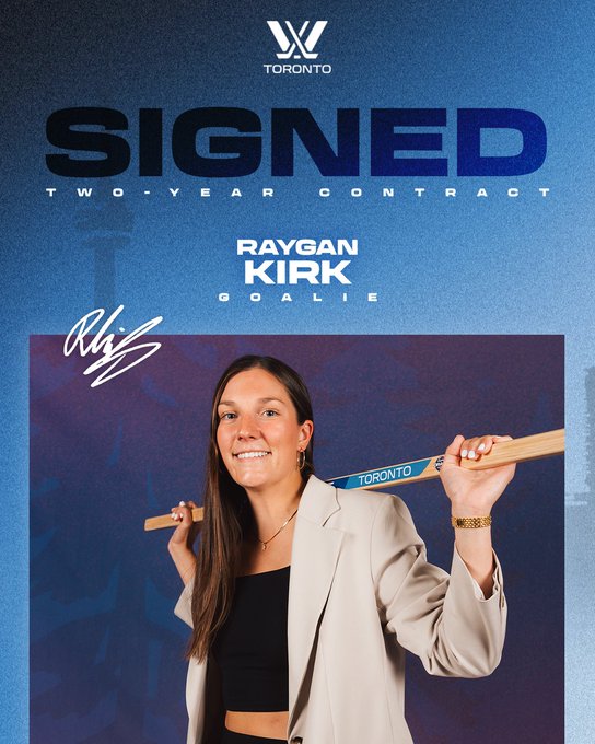A graphic to communicate Raygan Kirk’s Free Agency signing with PWHL Toronto. 

The top half of the graphic has the PWHL Toronto logo and text that reads “Signed. Two-year contract. Raygan Kirk, Forward.”

The bottom half of the graphic has a photo of Raygan Kirk posing with her draft stick and her signature in white.

Everything is on a light blue background with a silhouette of the Toronto skyline.
