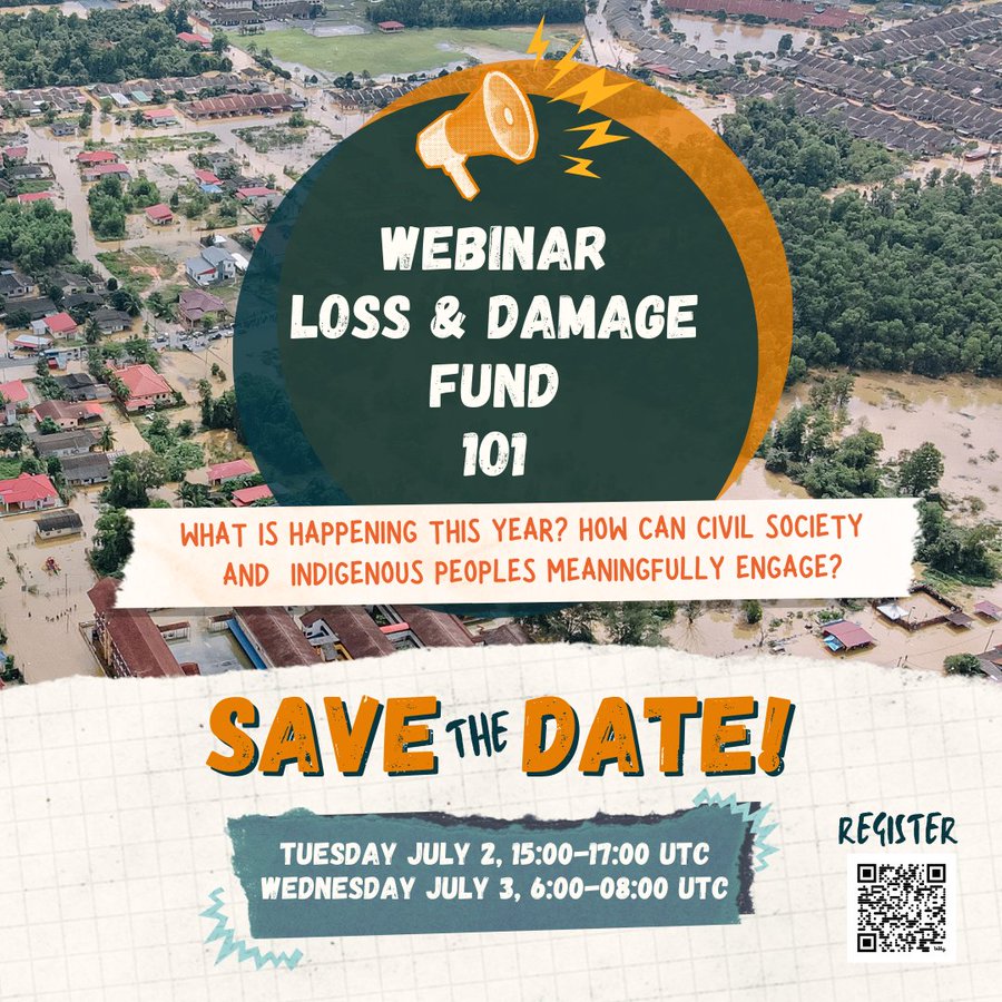 1/3. 📢WEBINAR: Join <a href="/CANIntl/">Climate Action Network International (CAN)</a>, <a href="/gcdcj/">Global Campaign to Demand Climate Justice (DCJ)</a>, <a href="/WGC_Climate/">Women & Gender Constituency</a>, <a href="/ESCRNet/">ESCR-Net / Red-DESC</a> &amp; others for “#LossAndDamage Fund 101: What is happening this year and how can #CivilSociety and Indigenous Peoples meaningfully engage?”

🗓️July 2nd, 15:00 UTC &amp; July 3rd 06:00 UTC
✏️Register: climaterights.org/webinar-loss-a…