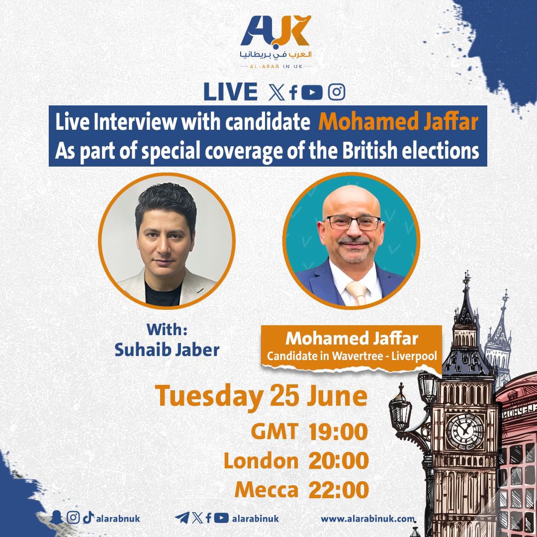 Mo4wavertree's tweet photo. 🌟 Excited to announce that I'll be live tonight at 8 PM for an interview as part of Arab Platform in Britain's special coverage of the general elections. Tune in to hear about my vision for Wavertree, Liverpool, and our community's future. Don't miss it! ⏰ #mo4wavertree https://t.co/l2MJ3Uv0C1