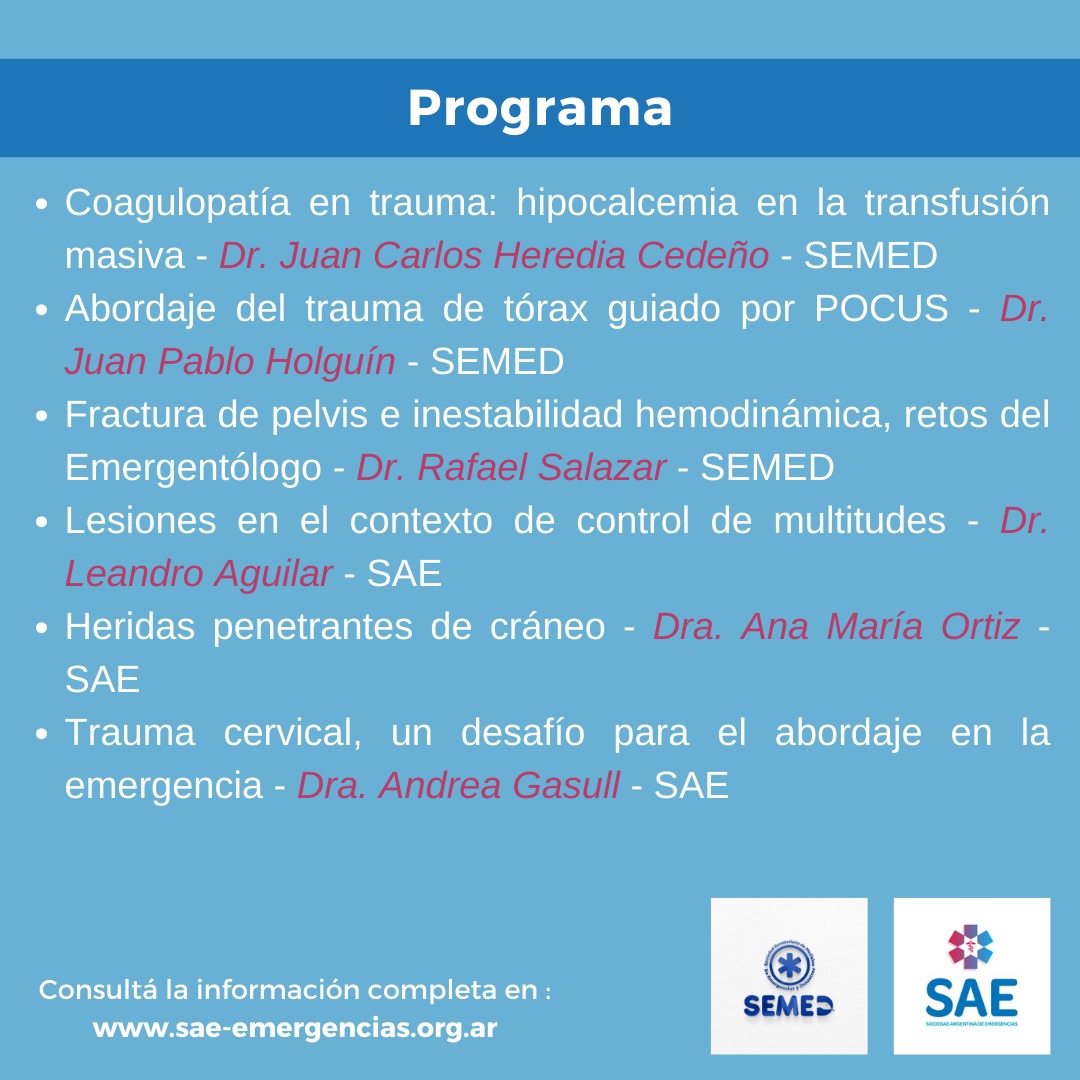 Presentamos las Jornadas de Enfermedad Traumática SAE Y SEMED organizadas por el Comité de Trauma de la SAE y SEMED.

En el siguiente link encontrarás la información completa para inscribirte: bit.ly/4blIOfU

¡Los esperamos!