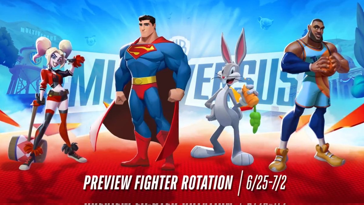 This week's rotation! #MultiVersus 

- Harley Quinn 🎭
- Superman ⚡️
- Bugs Bunny 🥕 
- LeBron James 🏀