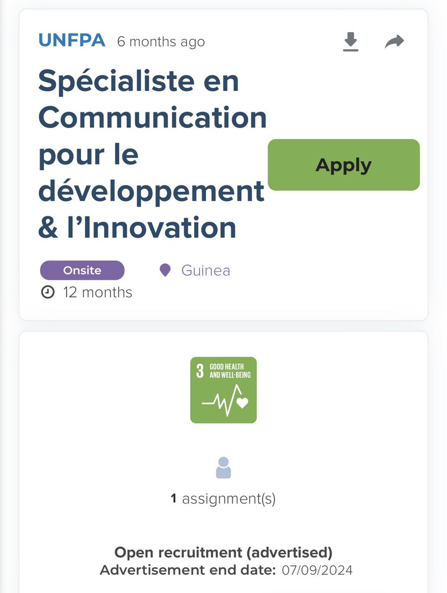 Une très belle #opportunité pour un(e) guinéen(ne) de se joindre à l’équipe de <a href="/unfpa_guinee/">UNFPA GUINEE</a> parmi nos fantastiques <a href="/UNVolunteers/">UN Volunteers</a>! 🇺🇳

Délai de soumission: 9 juillet 2024

app.unv.org/opportunities/… 

<a href="/pvnuguinee/">VNU Guinée</a> <a href="/OnuGuinee/">NATIONS UNIES GUINEE</a> 

#DroitsEtChoix
#Innovation
#C4D