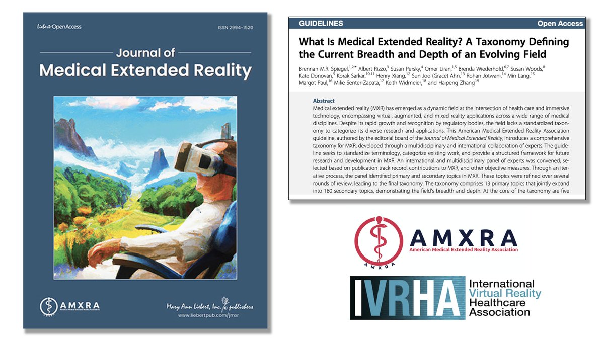 Brennan Spiegel, MD, MSHS (@brennanspiegel) on Twitter photo What is Medical Extended Reality? It's a new branch of medicine at the intersection of healthcare & spatial computing, encompassing apps across a wide range of medical disciplines. Read this <a href="/theAMXRA/">American Medical Extended Reality Association</a> guideline, published in <a href="/JMedXR/">Journal of Medical Extended Reality</a>, for all the details: liebertpub.com/doi/10.1089/jm… What is Medical Extended Reality? It's a new branch of medicine at the intersection of healthcare & spatial computing, encompassing apps across a wide range of medical disciplines. Read this <a href="/theAMXRA/">American Medical Extended Reality Association</a> guideline, published in <a href="/JMedXR/">Journal of Medical Extended Reality</a>, for all the details: liebertpub.com/doi/10.1089/jm…