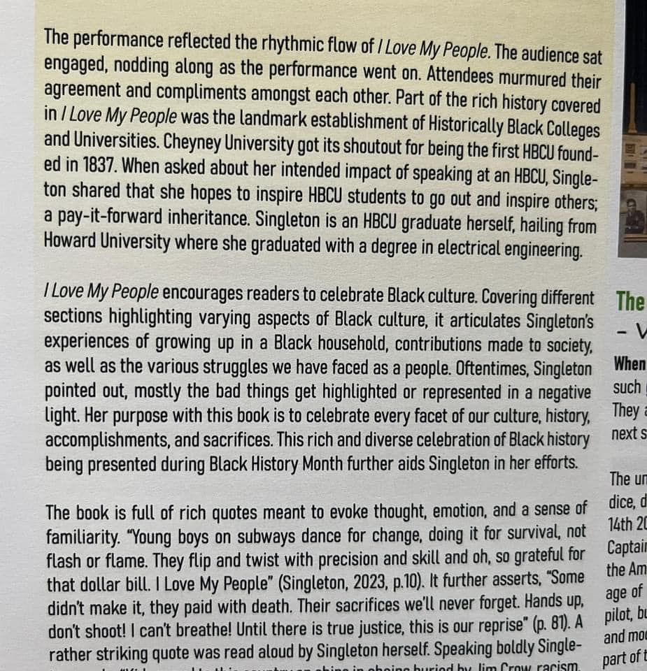When speaking at Cheyney University for the Legendary Black Symphonies Theater Group this February, some of the journalism students were tasked to cover the event.  Their articles were published in The Cheyney Record Magazine. #HBCUs #Cheyney #legendaryblacksymphonies