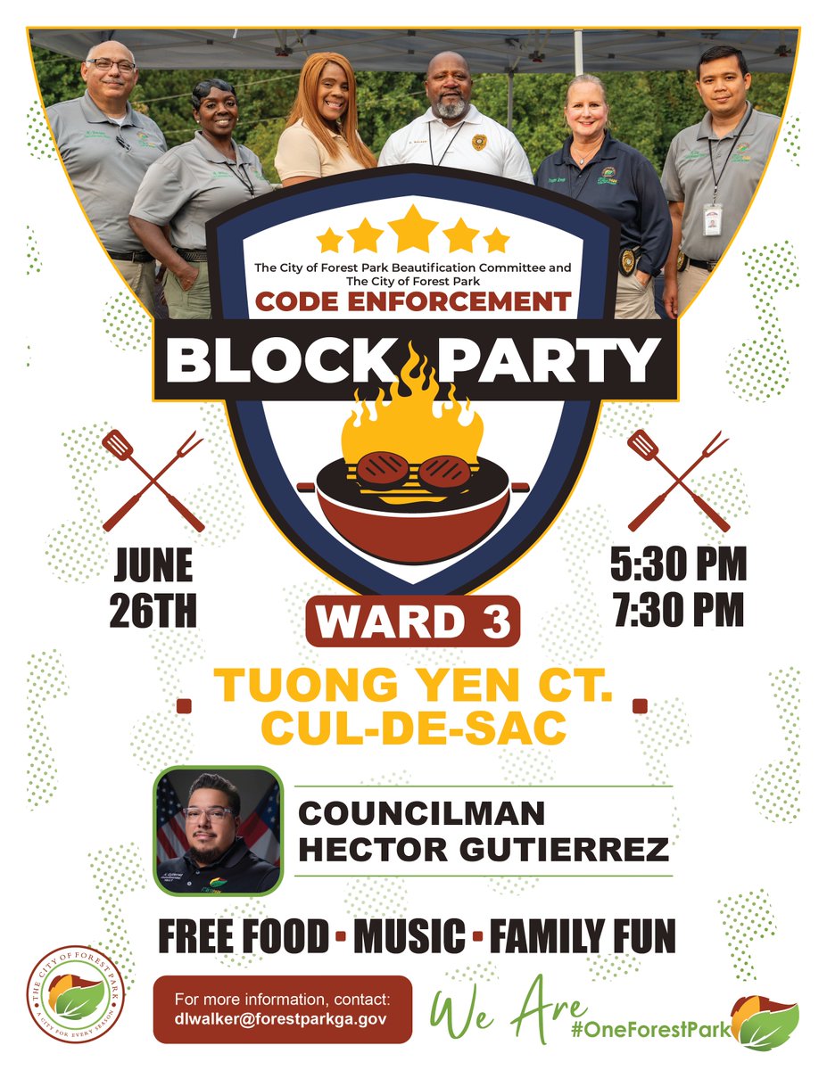 ForestPark30297's tweet image. Round two of our #CodeEnforcement Block Party series is happening tomorrow, June 26, from 5:30 to 7:30 p.m. Stop by the cul-de-sac off Tuong Yen Court in Ward 2 for some grilled hamburgers & hotdogs, as well as cool drinks, family games & music. The event is FREE! #OneForestPark
