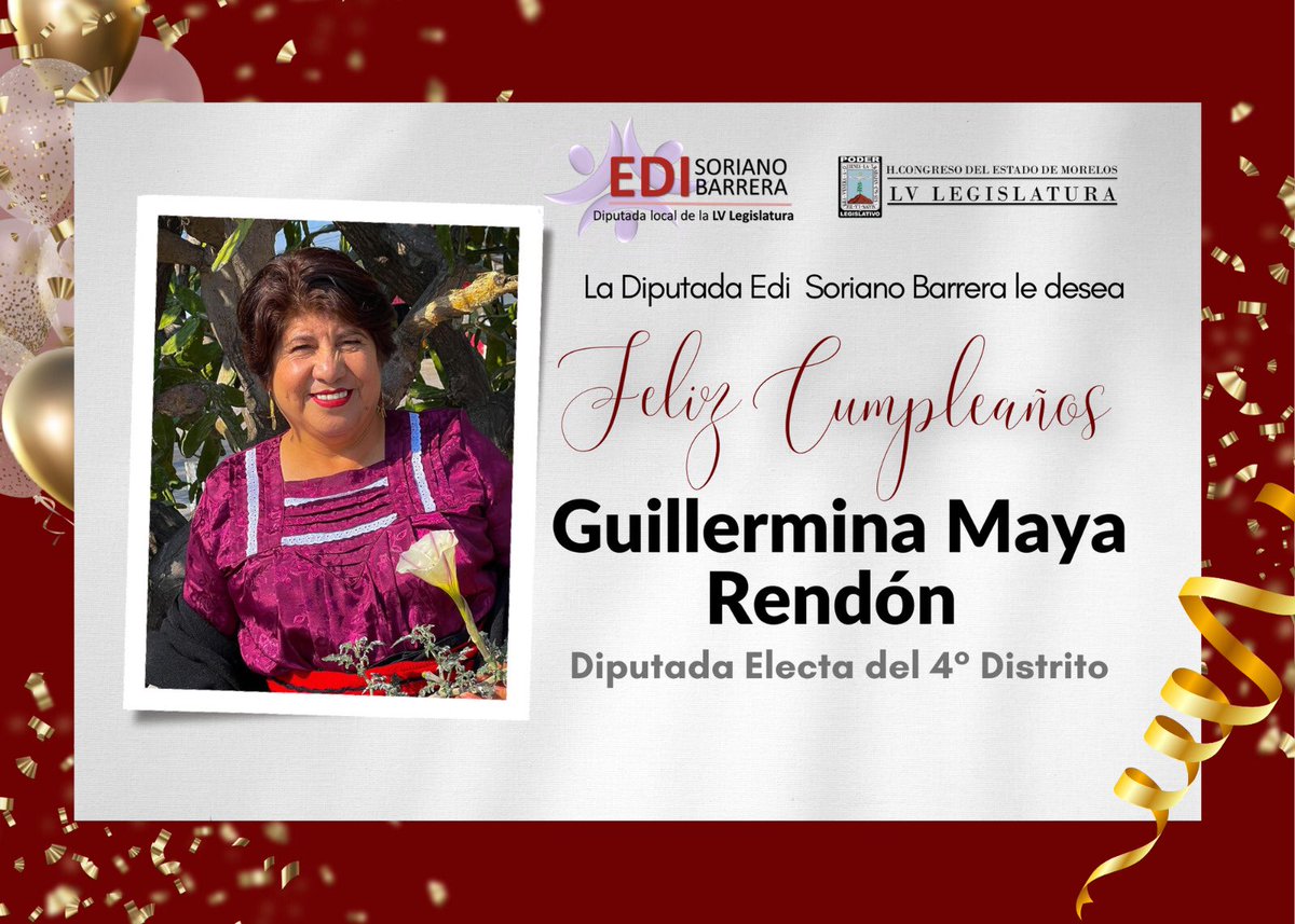 SorianoEdi's tweet photo. Una gran felicitación a mi querida amiga Guillermina Maya, Diputada Electa del cuarto distrito de Morelos, mis mejores deseos hoy y siempre, que Dios la bendiga con mucha salud y que siga logrando todas sus metas, #FelizCumpleaños
#EdiEnTuComunidas #EdiCercaDeTi #LGBTIQ #Morelos https://t.co/mQjVSeivUQ