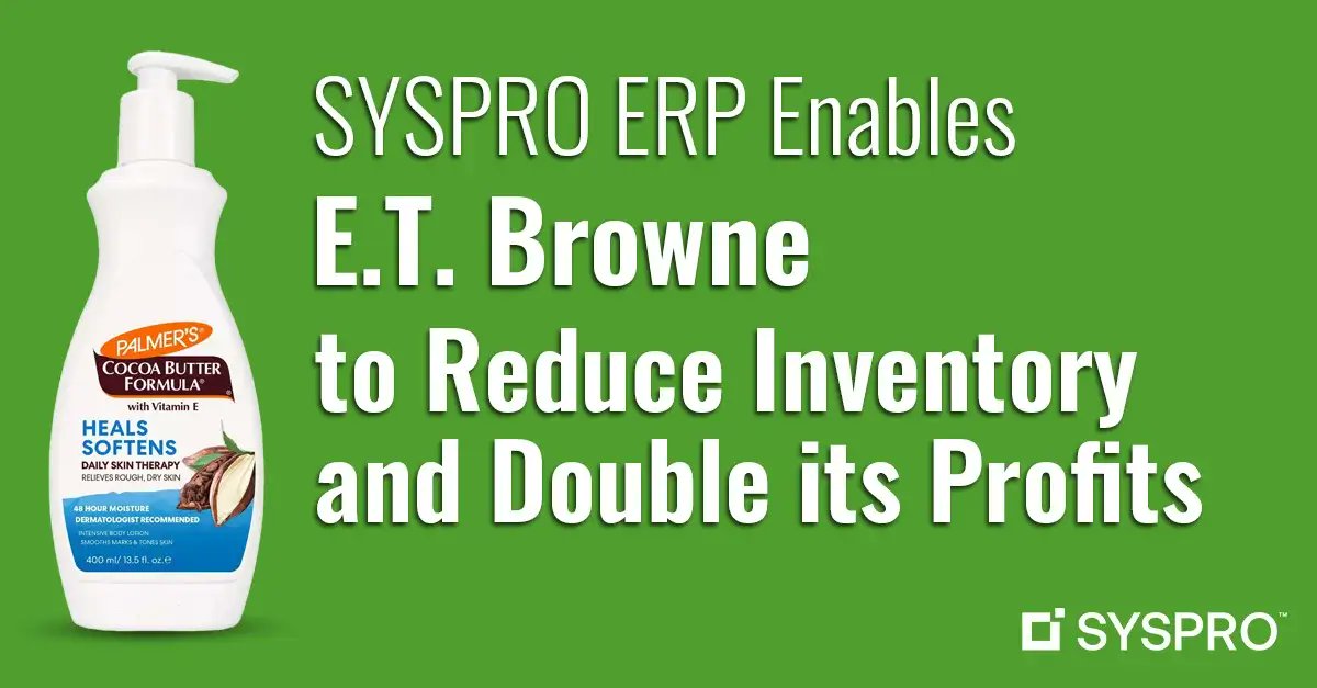 SYSPROAmericas's tweet image. 🎉 Celebrating 25+ years with SYSPRO, E.T. Browne, maker of Palmer&apos;s Cocoa Butter, cut #inventory by 22% &amp;amp; boosted profits by 113%! 

Learn more: hubs.ly/Q02DgGV-0 

@palmersworks #PalmersCocoaButter | #SYSPROerp #ERPsolutions #PharmaERP #PharmaSoftware #Pharmaceudicals