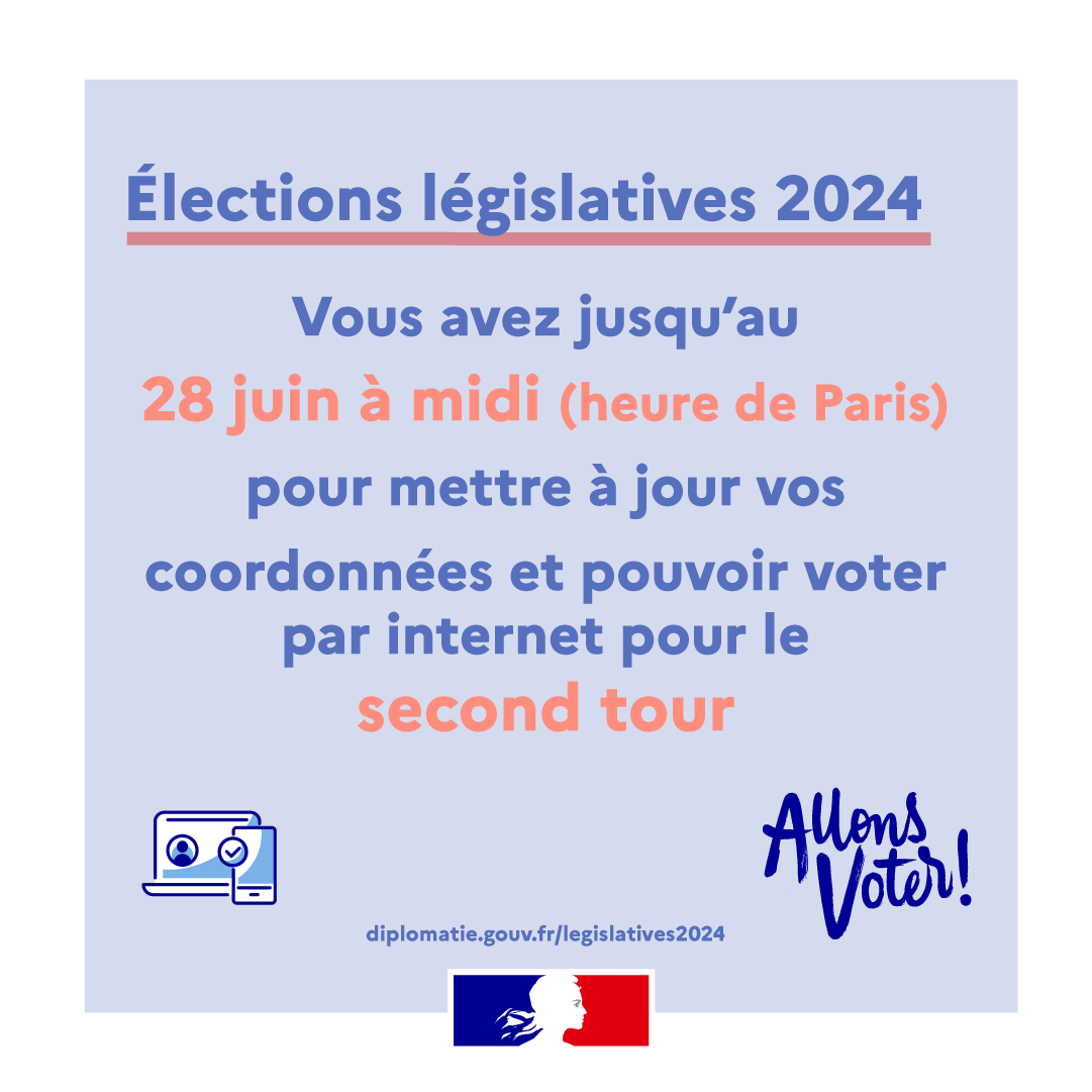 🗳️ #Législatives2024 l Vote par internet
🚨 Pour le second tour, pensez à mettre à jour votre adresse email 💻 et numéro de mobile📱 avant le 28 juin à midi (heure de Paris).
👉 swll.to/c6isX5