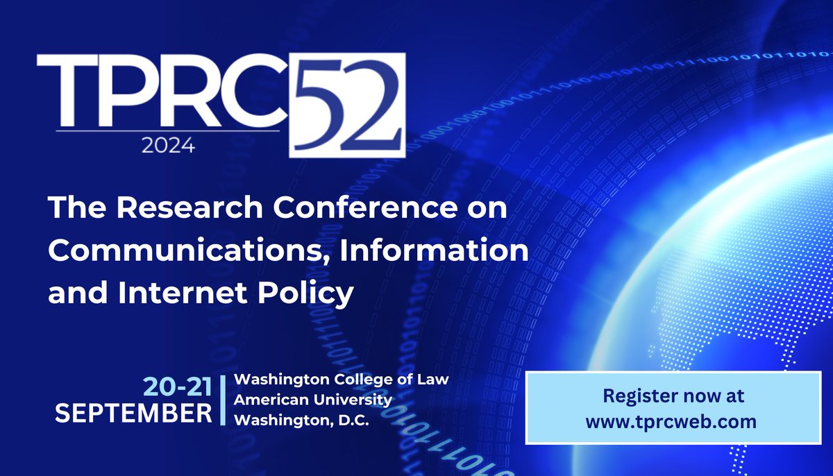 Register now for TPRC52! Early bird rates will be offered until August 15. This year's program will feature more than 80 research papers and posters, 6 panel discussions and 2 keynote speakers. Register now at docs.google.com/forms/d/1ALhew…