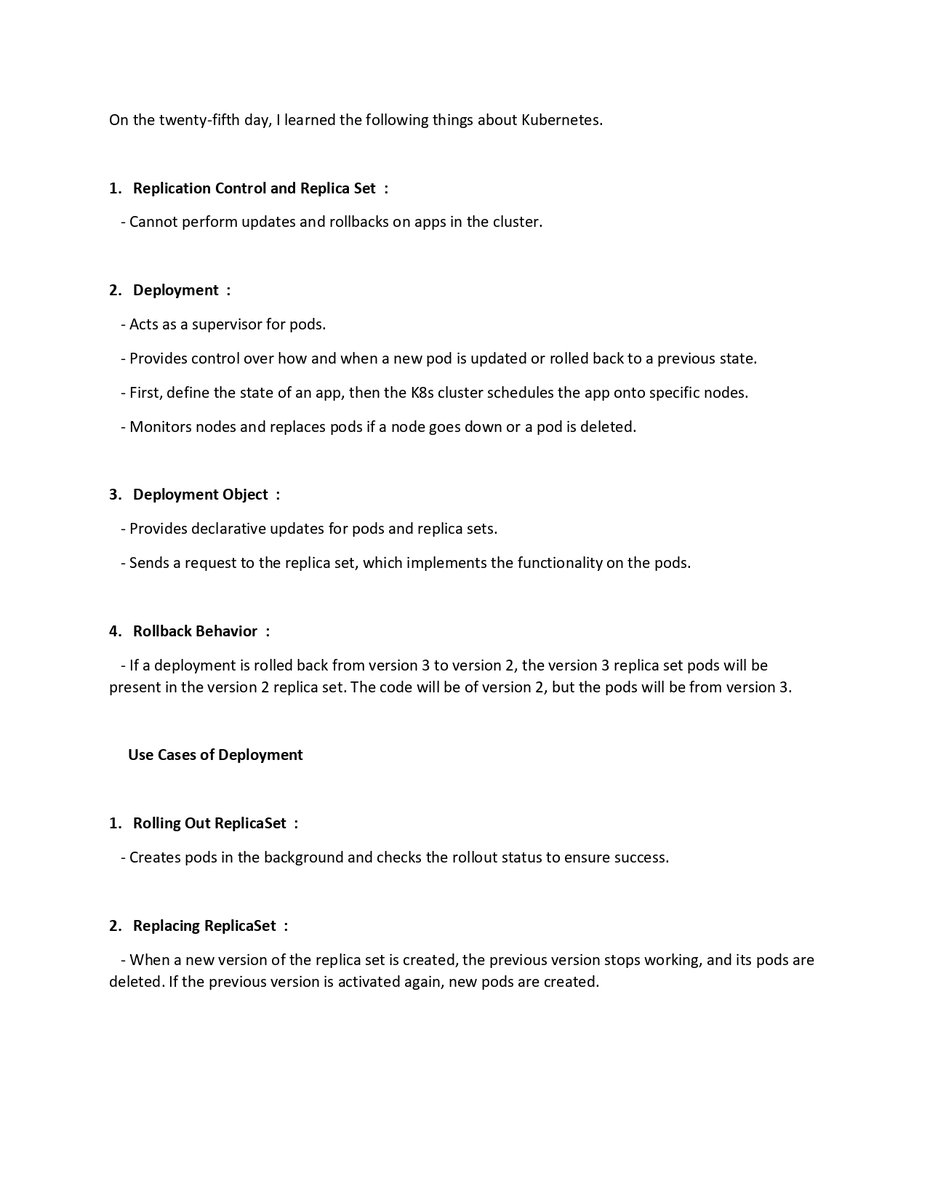 ShivangiSh91166's tweet image. #LSPPDay25
Learned about deployments, rollback behavior, scaling, and use cases. Also explored key commands and YAML deployment examples. Here are the highlights! #Kubernetes #DevOpsLearning #60DaysOfLearning #LearningWithLeapfrog #LSPPDM1 📚