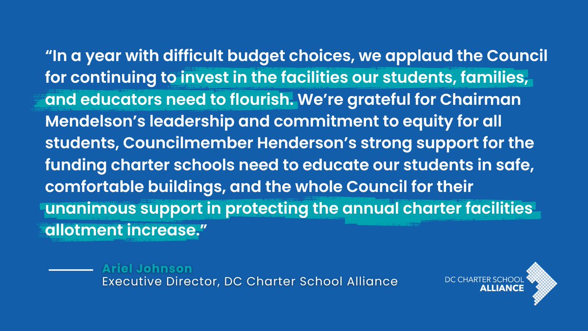 Thank you <a href="/ChmnMendelson/">Phil Mendelson</a> for your leadership and commitment to equity for all students, <a href="/chenderson/">Christina Henderson</a> for your strong support for the funding charter schools need to educate our students in safe, comfortable buildings, and the whole <a href="/councilofdc/">Council of DC</a> for their unanimous support.