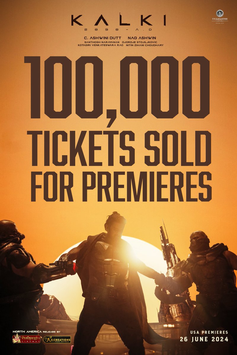 PrathyangiraUS's tweet image. 𝐓𝐡𝐢𝐬 𝐢𝐬 𝐏𝐫𝐚𝐛𝐡𝐚𝐬&apos; 𝐖𝐨𝐫𝐥𝐝……..
 𝐚𝐧𝐝 𝐰𝐞’𝐫𝐞 𝐚𝐥𝐥 𝐣𝐮𝐬𝐭 𝐋𝐈𝐕𝐈𝐍𝐆 𝐈𝐍 𝐈𝐓! 🔥🔥

100K+ Tickets sold for #Kalki2898AD Premieres. 

#Prabhas @VyjayanthiFilms @Kalki2898AD