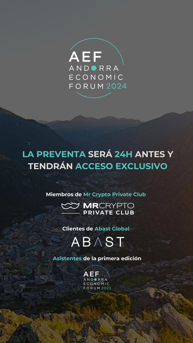 Mr. Crypto Private Club (@mrcryptoclub) on Twitter photo Los holders de Mr. Crypto tendréis acceso a la preventa del @andorraeforum el domingo 30 de Junio a las 18:00. Los holders de Mr. Crypto tendréis acceso a la preventa del @andorraeforum el domingo 30 de Junio a las 18:00.