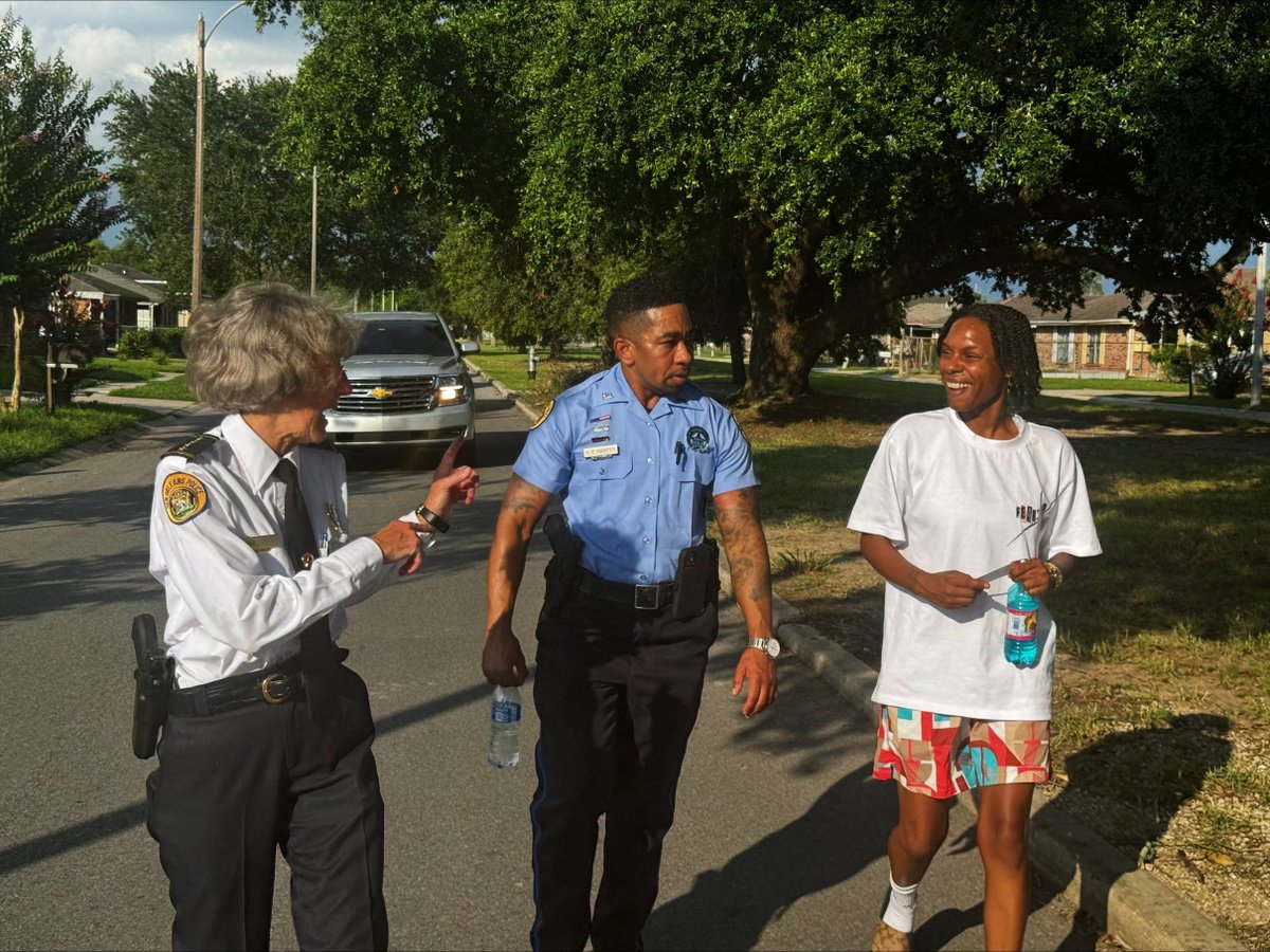 NOPDNews's tweet photo. Strengthening connections within the community! 👟🤝Yesterday, @otforus invited Supt. Kirkpatrick, Capt. DeLarge, and 7th District officers to “walk the beat” in the Michoud area, and it was a blast!  #StrongerTogther #CommunityFirst https://t.co/2wAyGENBcG
