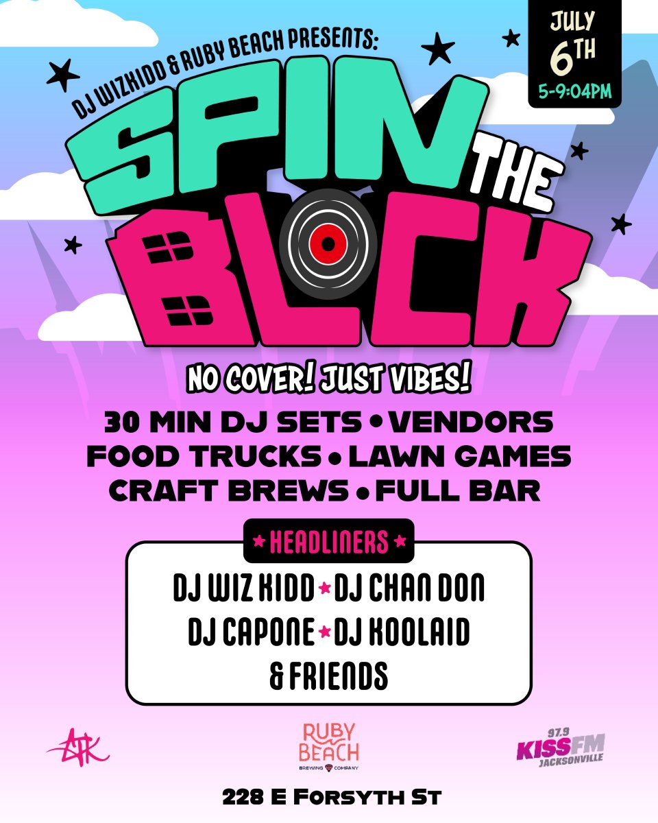 979KISSFM's tweet image. #SpinTheBlock Check out the new event concept from @djwizkidd himself at Ruby Beach Brewing from 5p-9:04p!

Celebrate DOPE DJs spinning 30 minute sets to vibe out to. Plus lawn games, food trucks, and a full bar &amp;amp; craft beer! No cover required!