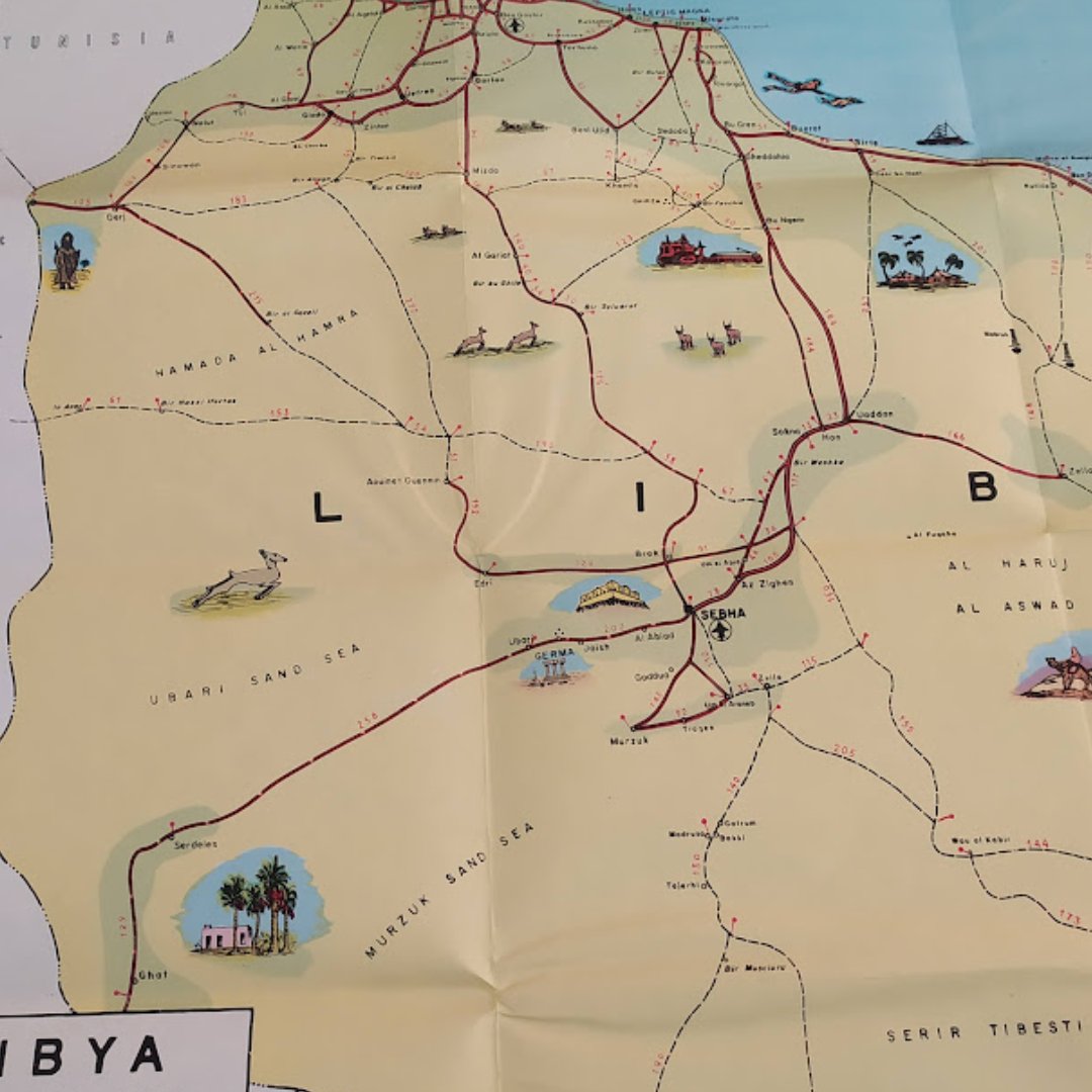 mapmapnmap's tweet image. Discover this pictorial map of Libya from the 1950s, measuring 66*47 cm. Dive into the history and art of cartography with this unique piece that showcases the cultural and geographical richness of the era. 🌍✨ Double-tap if you love it!