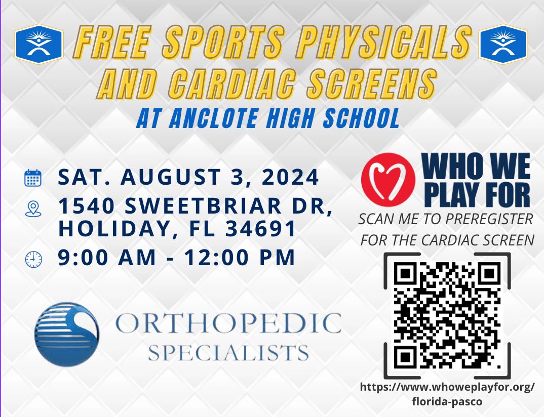 Ms. Katie (@mskatieatc) on Twitter photo 🚨FREE SPORTS PHYSICALS🚨
📅Aug. 3
📍Anclote HS
🕤9am-12pm
Cardiac Screens will also be provided. Please have a parent or guardian present.
See you there!
<a href="/AncloteSharks/">AHS Sharks</a> <a href="/shark_sports22/">AHS Athletics</a> <a href="/AncloteFB/">Anclote Sharks Football</a> <a href="/Anclotehoops/">Anclote Basketball</a> <a href="/AncloteCheer/">Anclote Cheer</a> <a href="/Andy_Villamarzo/">Andy Villamarzo</a> <a href="/Biggamebobby/">Bob Putnam</a> <a href="/PascoCoSports/">Pasco County Sports</a> 🚨FREE SPORTS PHYSICALS🚨
📅Aug. 3
📍Anclote HS
🕤9am-12pm
Cardiac Screens will also be provided. Please have a parent or guardian present.
See you there!
<a href="/AncloteSharks/">AHS Sharks</a> <a href="/shark_sports22/">AHS Athletics</a> <a href="/AncloteFB/">Anclote Sharks Football</a> <a href="/Anclotehoops/">Anclote Basketball</a> <a href="/AncloteCheer/">Anclote Cheer</a> <a href="/Andy_Villamarzo/">Andy Villamarzo</a> <a href="/Biggamebobby/">Bob Putnam</a> <a href="/PascoCoSports/">Pasco County Sports</a>