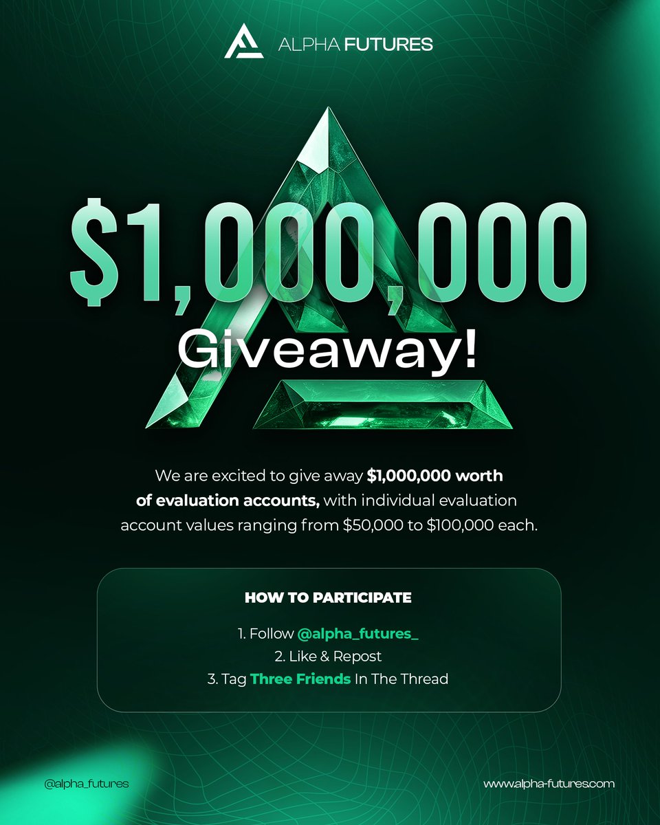 Join the Alpha Futures Giveaway! 🎉

Alpha Futures are giving away $1,000,000 worth of evaluation accounts! 🎁

Win accounts valued from $50,000 to $100,000 by:

- Following @alpha_futures_
- Liking &amp; reposting this post
- Tagging 3 friends

Don't miss your chance! 🚀