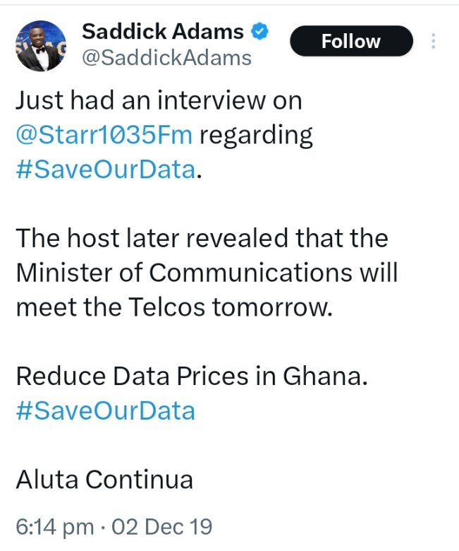 TPartey5's tweet photo. @SaddickAdams This was you in 2019 when you lead a campaign against high cost of Data in Ghana. You vanished into thin air after you cash out from the government. Today you're here playing neutral here. We see you all.. #SaveOurData @receiptsguy https://t.co/A4UwUzeM1X