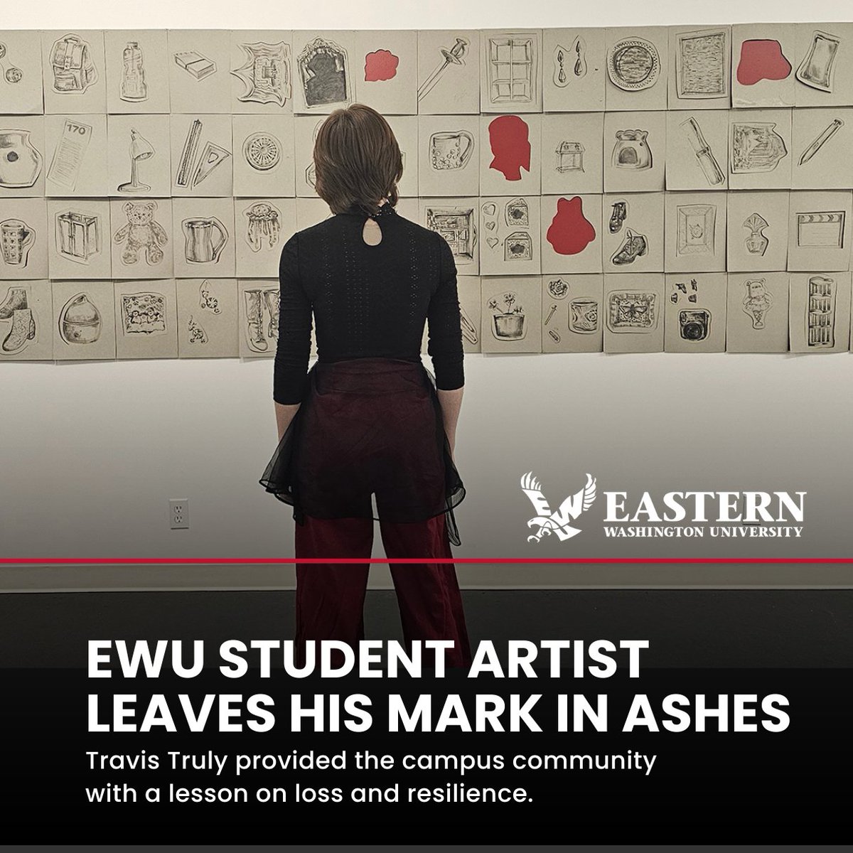 EWU student Travis Truly turned the ashes of his home, lost in the Gray Fire, into an inspiring art exhibit called "Things are Lovely." Visitors could take a piece of his loss, leaving a red silhouette as a reminder. Read the full article: bit.ly/3xDZGkg
#GoEags #EWU
