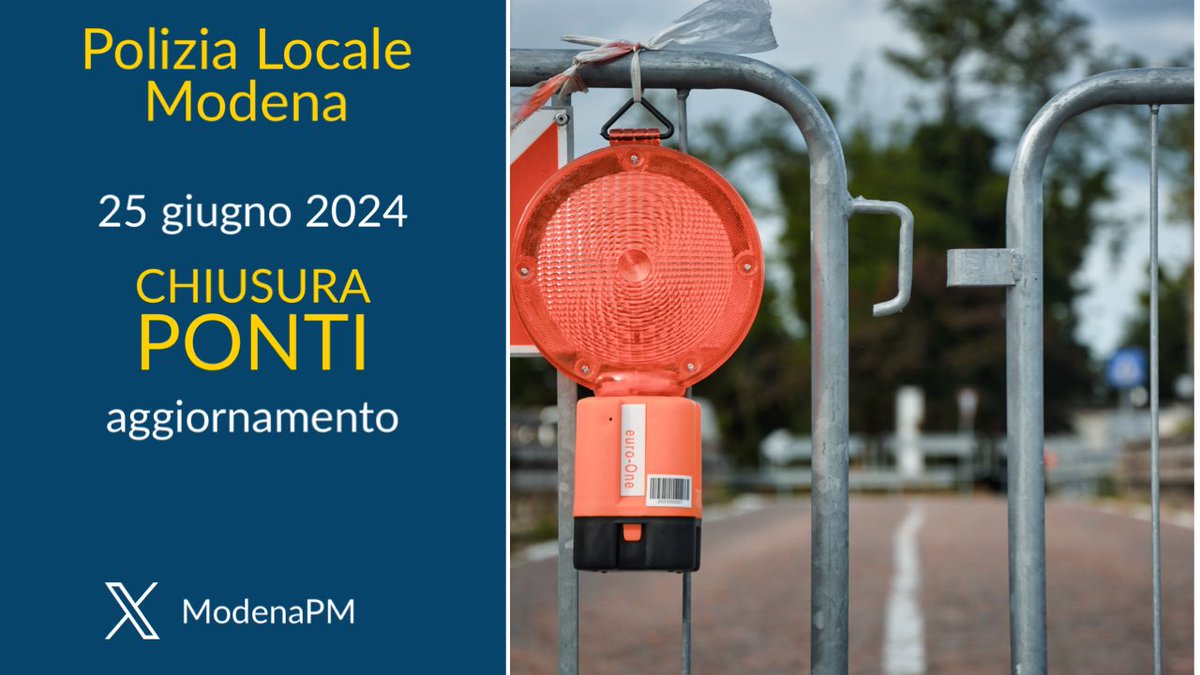 #ViabilitàMO #25giugno #maltempo #aggiornamento
🔴 Restano chiusi per la notte Ponte Alto a Modena e ponte dell'Uccellino tra Modena e Soliera. 
🔴 Rimane chiusa via Curtatona con il ponte sul torrente Tiepido, così come rimane chiuso, a cura della Provincia, il ponte di