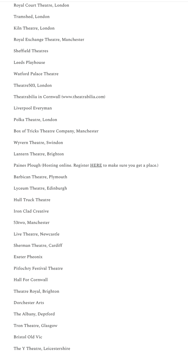 Massive list of 32 theatres all involved in #PlaywrightsFlashmob. (We don't sing &amp; dance. We write &amp; chat.) This is countrywide. 
02/07/24 from 11-2pm these theatres will welcome playwrights in their cafes, foyers &amp; bars. 
Still time to get involved! #SupportPlaywrights