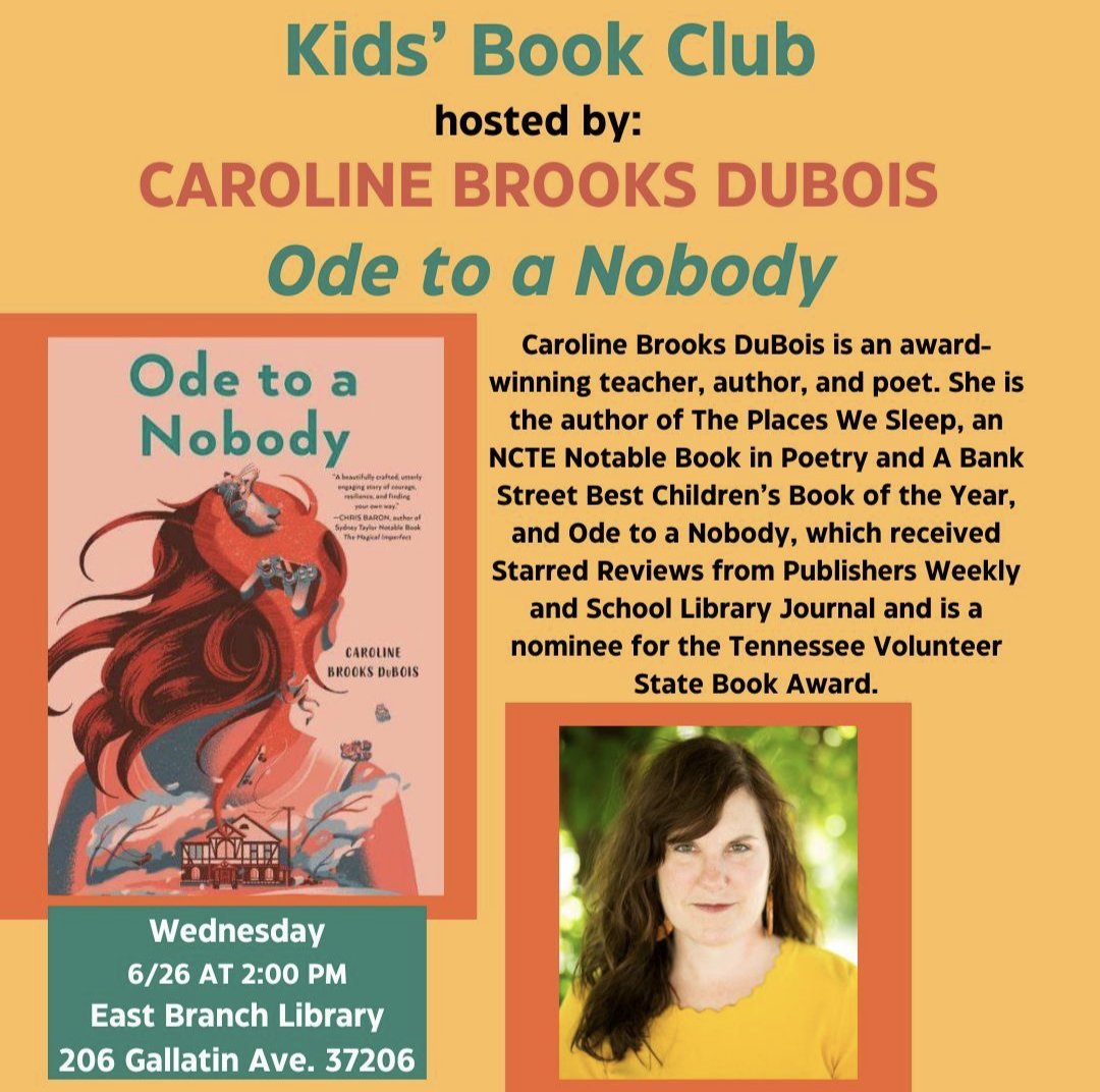 We are so lucky to have author and educator, Caroline Brooks DuBois host Kids' Book Club at East branch tomorrow!
