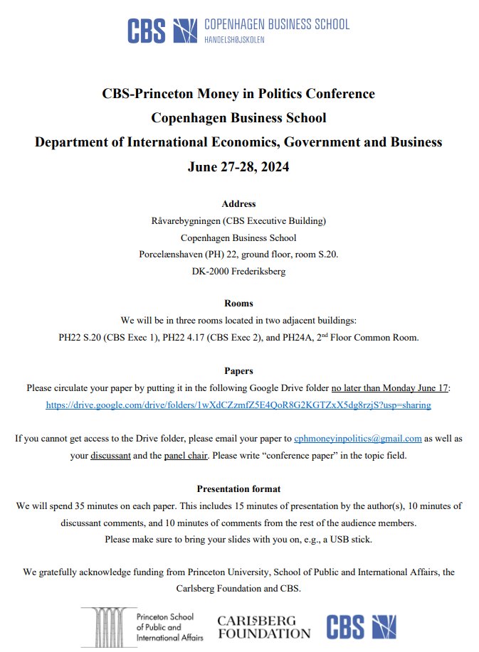 Benjamin Egerod (@bcegerod) on Twitter photo The CBS-Princeton Money in Politics Conference is taking place later this week! At <a href="/cbsMiP/">CBS Money in Politics Group</a> we're super excited to host so many terrific scholars for two days of cutting edge research on campaign finance, lobbying, corruption, firm strategy and more!
Link to program next post 1/3 The CBS-Princeton Money in Politics Conference is taking place later this week! At <a href="/cbsMiP/">CBS Money in Politics Group</a> we're super excited to host so many terrific scholars for two days of cutting edge research on campaign finance, lobbying, corruption, firm strategy and more!
Link to program next post 1/3