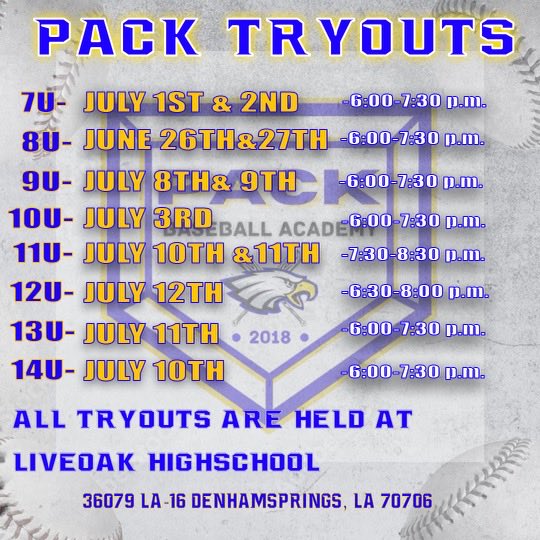 The PACK would love to work to develop your son as a player and young man! Located in Watson, LA but servicing all surrounding communities. Had a couple of tryout dates change. Interested in quality instruction &amp; player development, please text/call Bubba Griffin @ 225-337-6512.