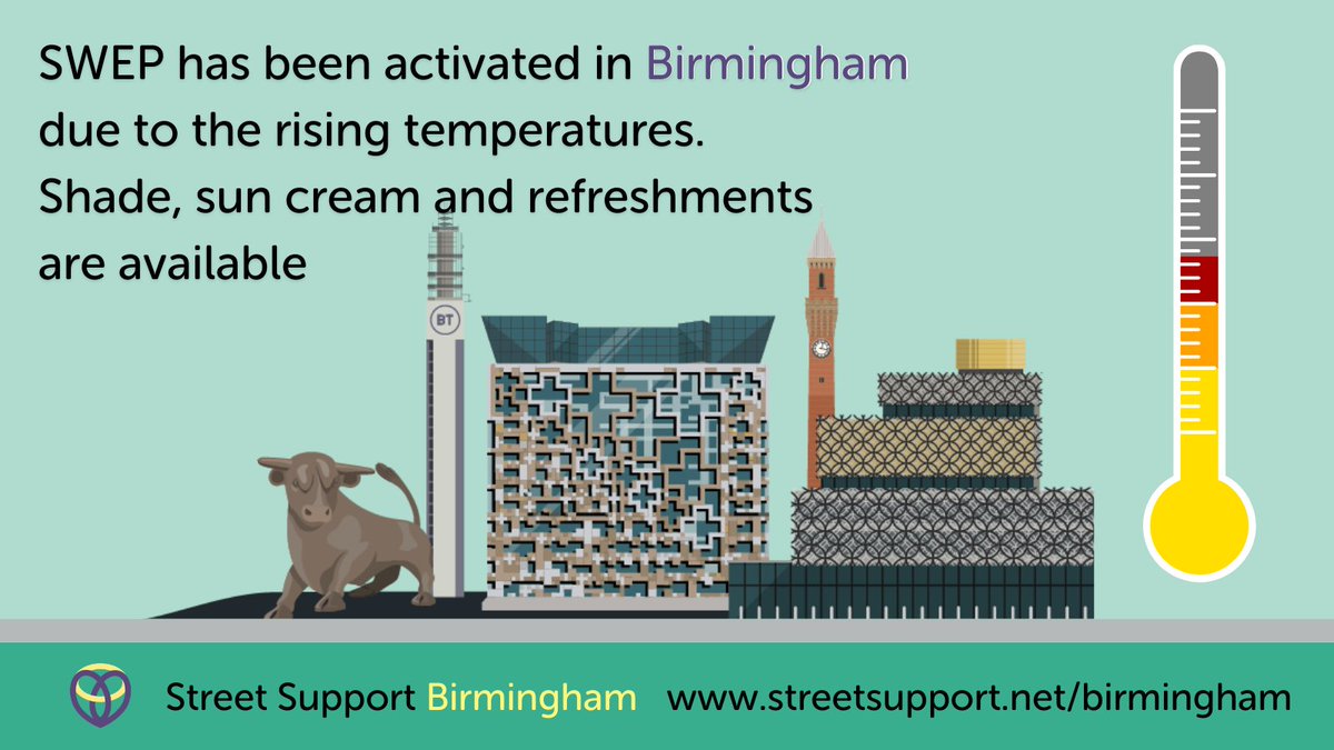 StreetSupportWM's tweet image. 🌡SWEP has been activated in #Birmingham as the weather is so warm. 

☀️The Outreach team will be handing out water &amp;amp; sunscreen during the period &amp;amp; people who are sleeping rough are advised to seek shade.

Shade &amp;amp; Water is available @ Washington Court &amp;amp; @ @Sifafireside up to 4pm