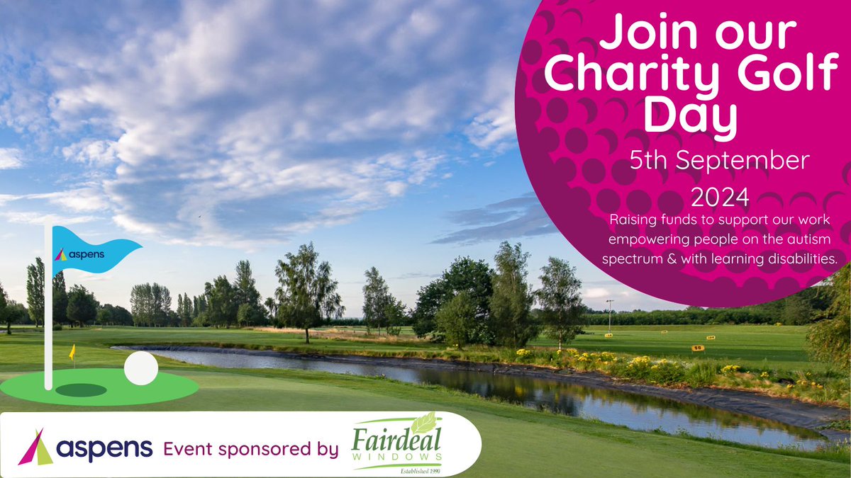 Aspens (@aspenscharities) on Twitter photo ⛳️Join us at The Ridge Golf Club for our Golf Day on 5th Sept 2024!
🎁Enjoy a great game of golf & help us to raise vital funds to empower the people we support.
Sign up here: aspens.org.uk/Event/aspens-c…
Sponsored by <a href="/FairdealWindows/">Fairdeal Windows Ltd</a>
Thanks to The Ridge Golf Club
#AspensGolfDay ⛳️Join us at The Ridge Golf Club for our Golf Day on 5th Sept 2024!
🎁Enjoy a great game of golf & help us to raise vital funds to empower the people we support.
Sign up here: aspens.org.uk/Event/aspens-c…
Sponsored by <a href="/FairdealWindows/">Fairdeal Windows Ltd</a>
Thanks to The Ridge Golf Club
#AspensGolfDay