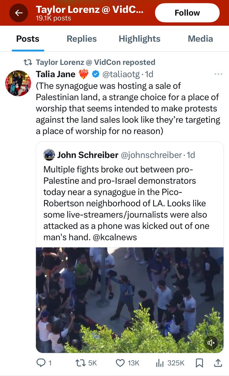 HonestReporting's tweet image. Meet @washingtonpost columnist @TaylorLorenz. On multiple occasions, she reposted justifications for the targeting of an LA synagogue on the false claim it was "hosting a sale of Palestinian land."

The type of person who believes it's justified to target a synagogue is also the…