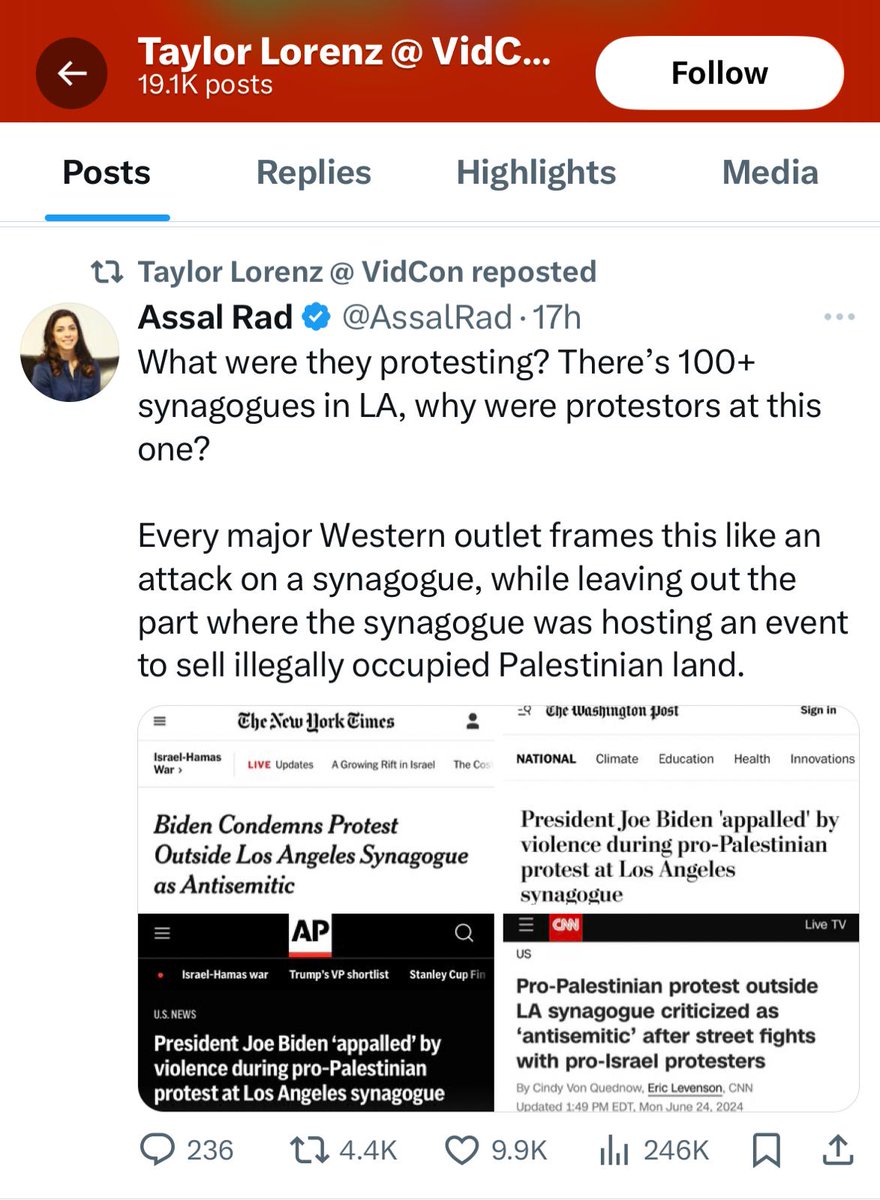 HonestReporting's tweet image. Meet @washingtonpost columnist @TaylorLorenz. On multiple occasions, she reposted justifications for the targeting of an LA synagogue on the false claim it was "hosting a sale of Palestinian land."

The type of person who believes it's justified to target a synagogue is also the…