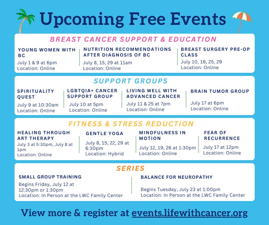 LifewithCancer's tweet image. ✨☀️Kick off this July with a commitment to your body and mind! Whether you're practicing yoga, or taking mindful moments to relax, every step counts. Check out our upcoming summer fitness classes, support &amp;amp; education groups &amp;amp; more at events.lifewithcancer.org.