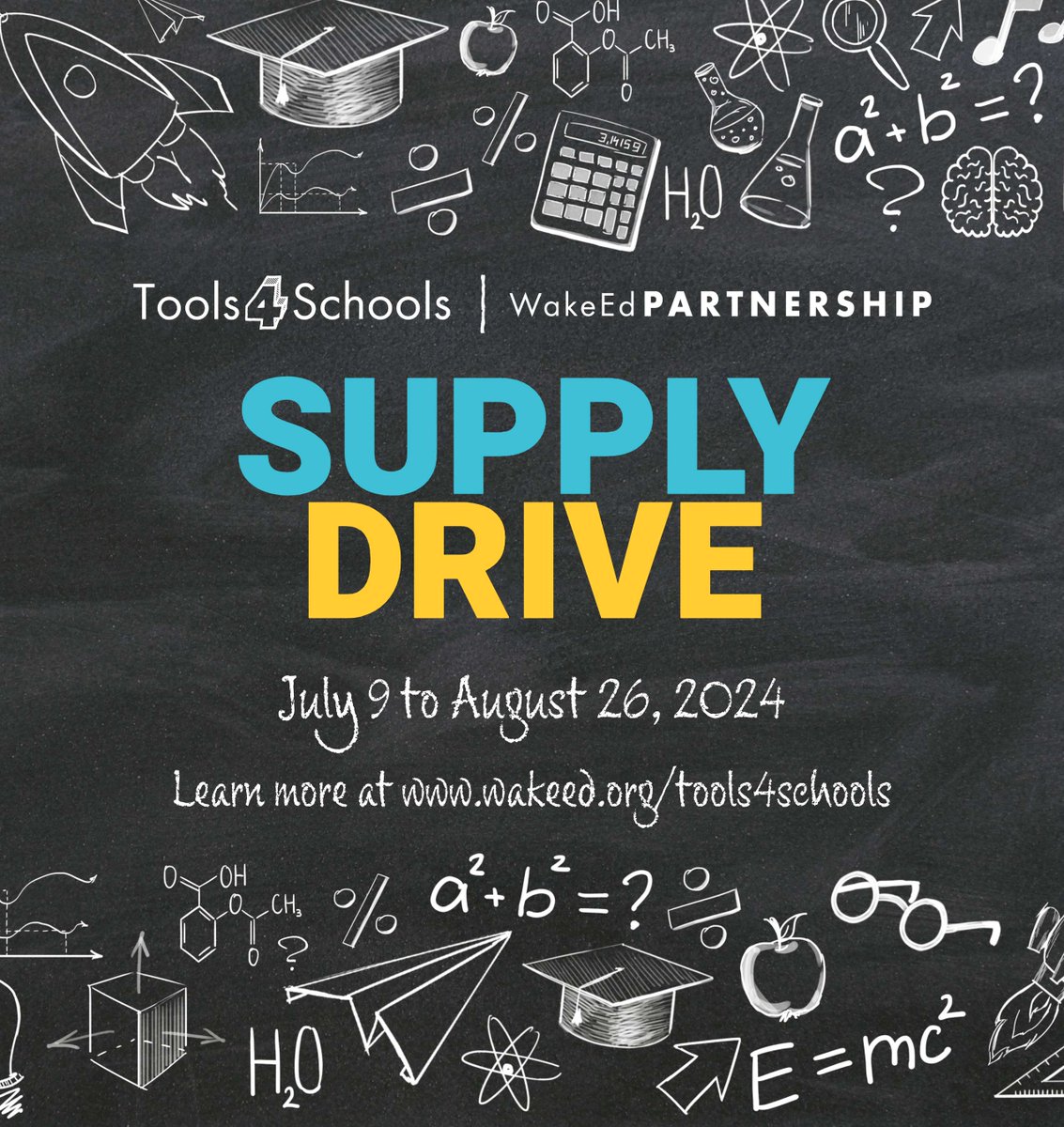 Our 2024 Community-Wide School Supply Drive for #Tools4Schools will launch on July 9th and run through Aug 26. Help us stock the shelves at our free classroom supply store for #WCPSS teachers before the new school year starts! Learn more here ow.ly/bbjl50Sp5QE