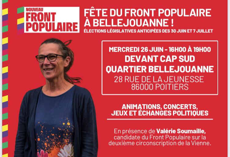 🎉 Venez faire la fête avec le Front Populaire ce mercredi 26 juin, de 16h00 à 19h00 devant CAP Sud, quartier de Bellejouanne !
Animations, concerts, jeux et échanges politiques pour une campagne législative dans la joie, avec Valérie Soumaille pour le #nouveaufrontpopulaire
