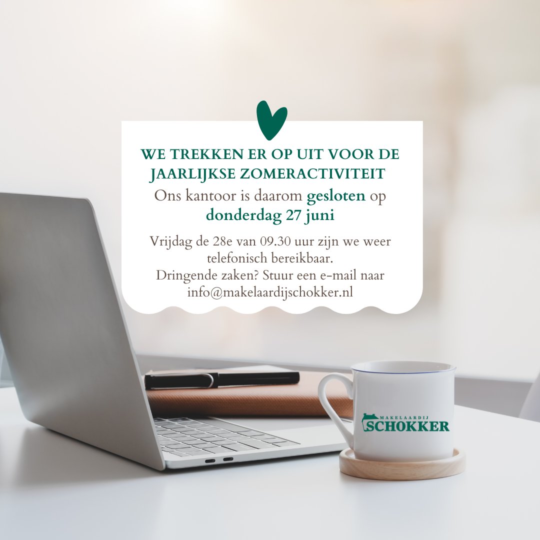 🌟 Belangrijke mededeling! 🌟
Aanstaande donderdag 27 juni sluiten we ons kantoor voor een gezellig uitje!  

Heeft u dringende vragen? Geen zorgen, we zijn de volgende werkdag al weer terug om u te helpen!

Bedankt voor uw begrip 🌟

#EvenOpladen