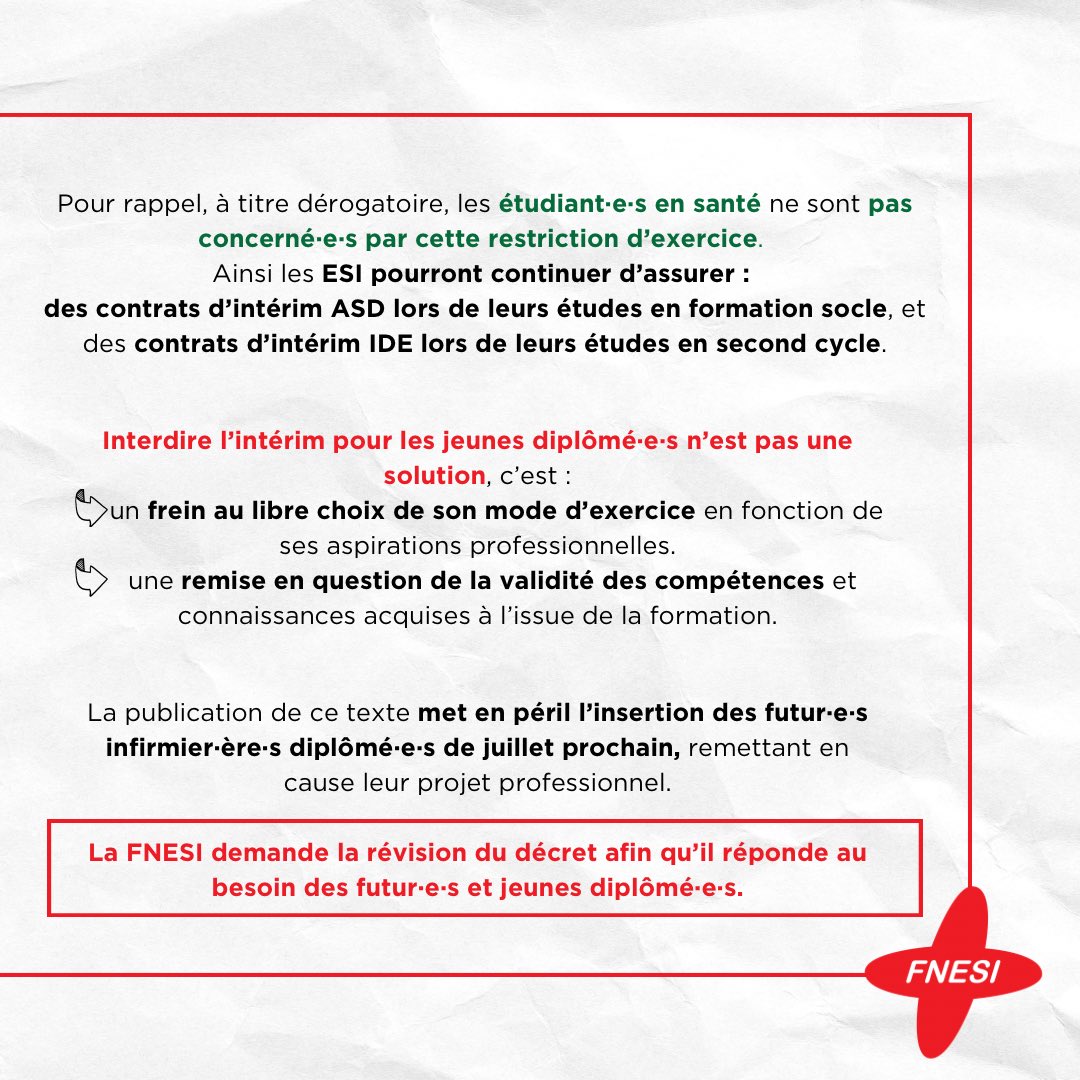 #INTÉRIM | La #FNESI s’oppose au décret paru au Journal Officiel ❌ 

Il est #inacceptable de limiter le #choix des modes d’exercices des jeunes diplômé•e•s #infirmier•ère•s.

📌 legifrance.gouv.fr/jorf/id/JORFTE…