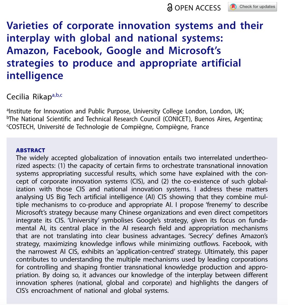 CeciliaRikap's tweet image. New paper out at @RIPEJournal  &quot;Varieties of Corporate Innovation Systems &amp;amp; Their Interplay with Global and National Systems: #Amazon, #Facebook, #Google and #Microsoft’s Strategies to Produce &amp;amp; Appropriate #ArtificialIntelligence&quot;

1/8

tandfonline.com/doi/full/10.10…