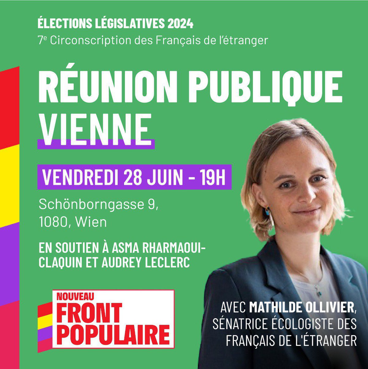 Retrouvons-nous pour une deuxième réunion publique à #Vienne  : 

⏰ Vendredi 28 Juin, 19h
📍 Schönborngasse 9, 1080 Wien, Österreich
👉 Avec Vincent Roué (PS) et Anne Le Maître (LFI)

Soyons nombreux et nombreuses ! <a href="/ClaquinAsma/">Asma Rharmaoui-Claquin</a> <a href="/_Audrey_Leclerc/">🌻🇫🇷🇩🇪 @audrey-leclerc.bsky.social</a> 
#NouveauFrontPopulaire